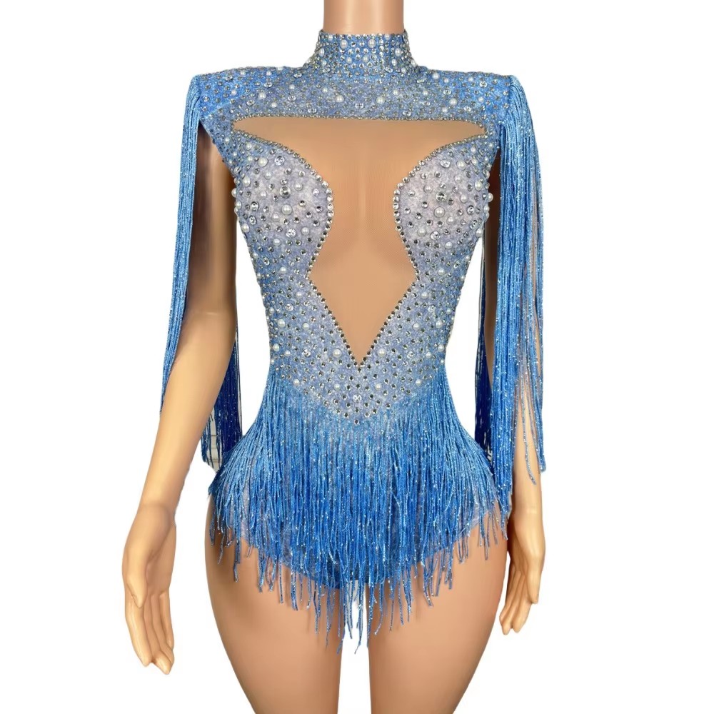 Rhinestone Banding Trim - Bodysuit Rumbai Berhias Berlian Imitasi Biru,