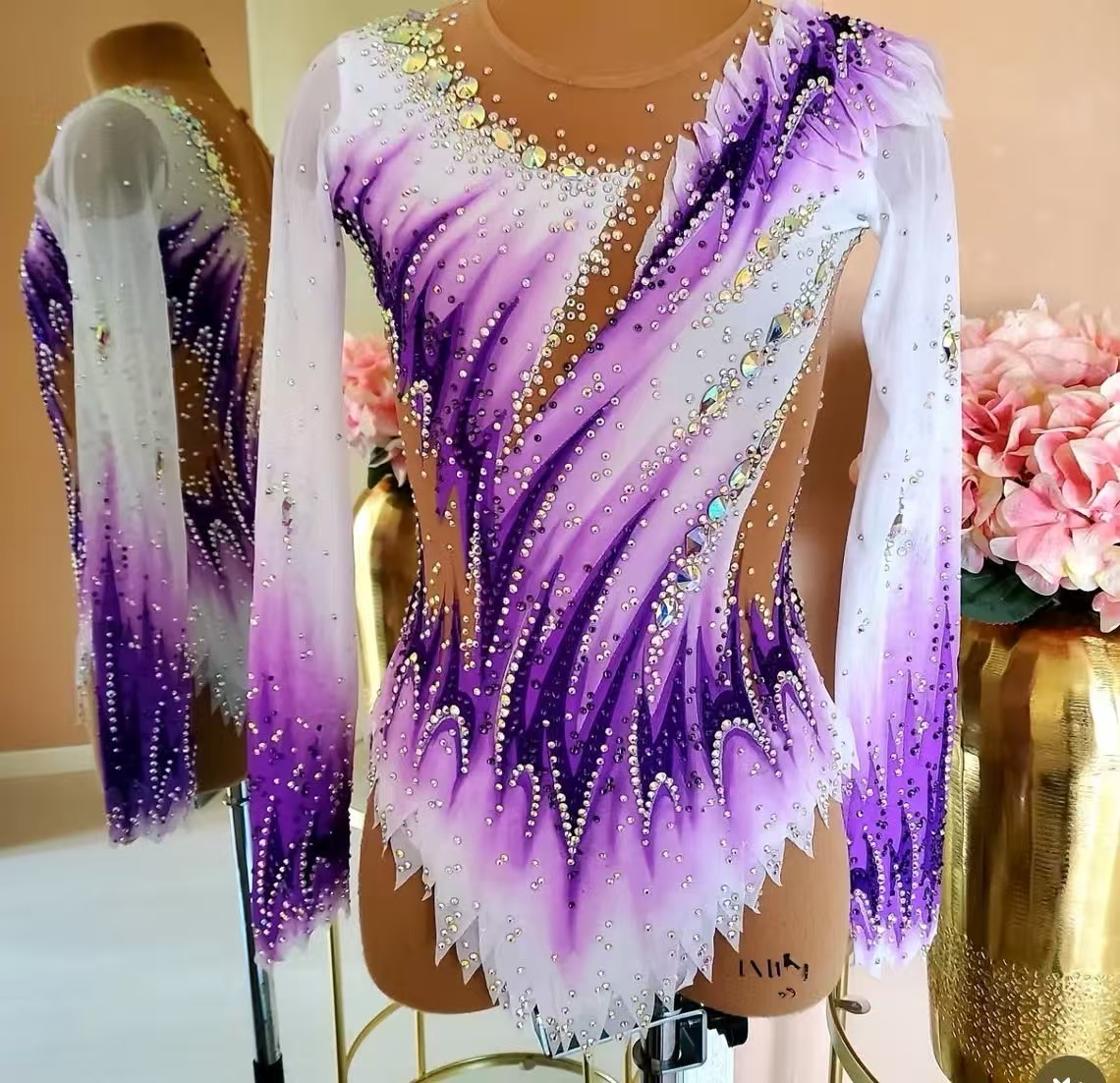 Rhinestone Banding Trim - Leotard Senam Ritmik Putih Ungu untuk